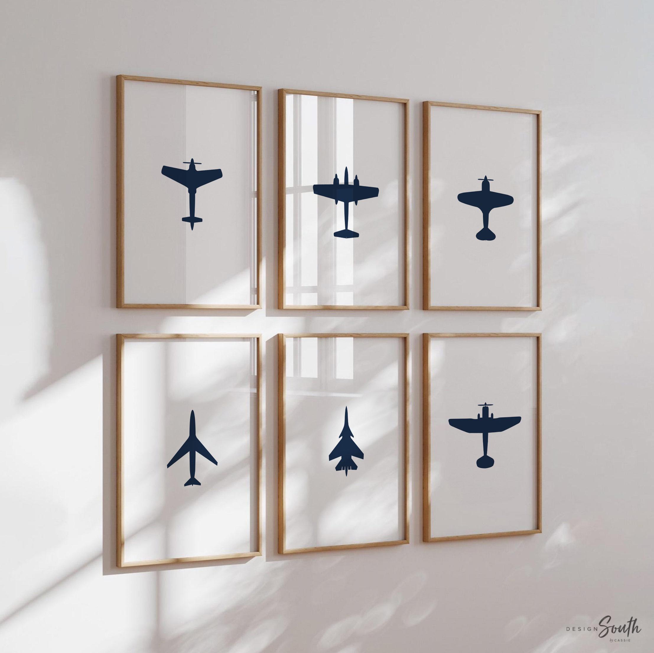 Arte de parede para berçário de avião, impressões de quarto de avião para menino, decoração de quarto de avião para criança, conjunto de seis pôsteres de avião para menino, decoração temática de avião