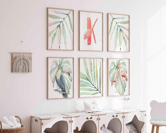 Tropical nursery gallery wall baby girl prints, flamingo tropical leaves room, personalized baby gift pink flamingo, tropical shower gift