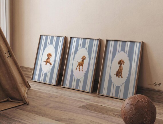 Vizsla Puppy Nursery Prints: Baby Blue Dog Wall Art Set