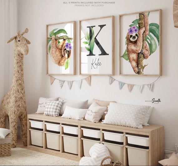 Purple sloth wall art set, hanging sloth nature, sloth girl room personalized name gift, animal lover nursery gift, wall art sloth decor set