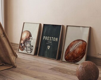 Personalized Watercolor Football Nursery Prints, Helmet, Name Decor (Set of 3)