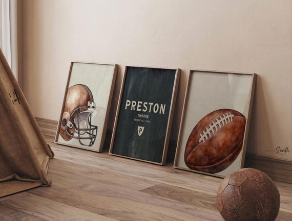 Personalized Watercolor Football Nursery Prints, Helmet, Name Decor (Set of 3)