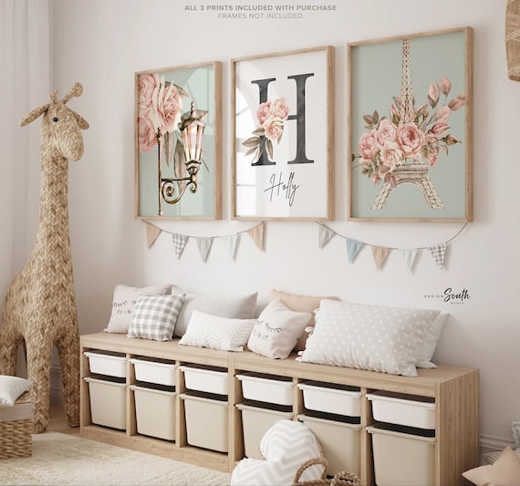 Paris Nursery Art Print Set: Eiffel Tower, Floral Roses, Custom Monogram