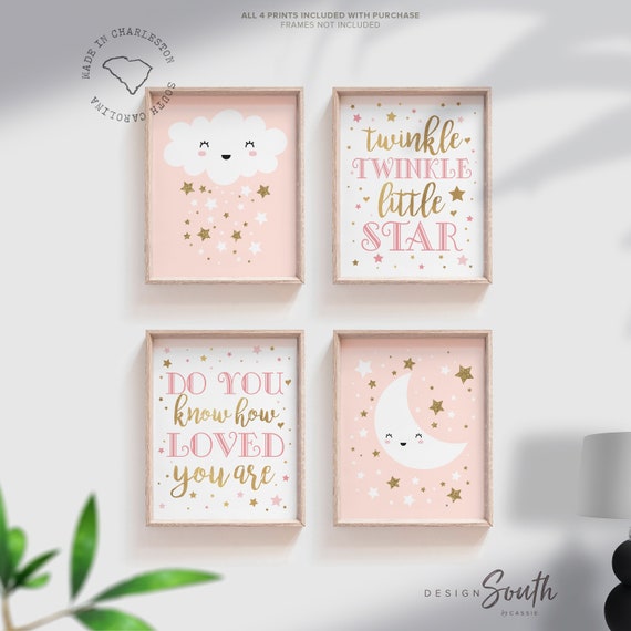 Pink cloud nursery art, modern baby girl room prints, pink baby room nursery decor, pink twinkle twinkle little star, girl nursery gift idea