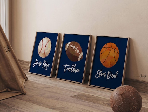 Sports room decor for boys, basketball football baseball prints boys room, nursery decor boys wall art navy blue sports balls, playroom idea