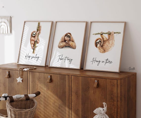 Sloth wall art, set of 3 sloths, sloth quotes art prints, sloth themed room, child sloth wall art, sloth bedroom decor, hanging sloth decor