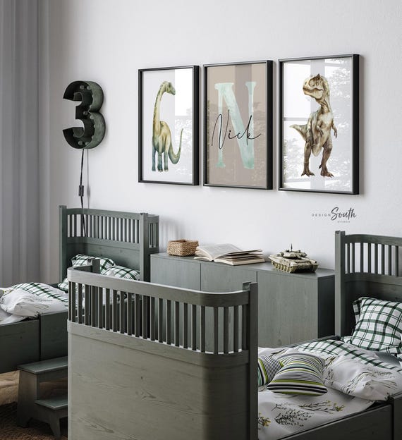 Personalized Dinosaur Nursery Wall Art Set of 3, Watercolor T-Rex & Brachiosaurus Prints, Neutral Baby Boy Nursery Decor