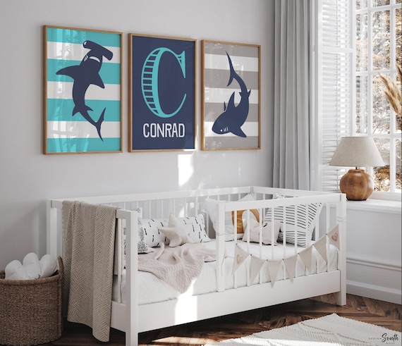 Blue gray shark, toddler room decor, kids shark art, boys bedroom ideas, personalized decor kid, boy monogram, shark theme wall art boy gift