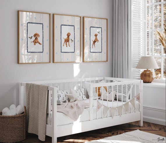 Vizsla Puppy Print Set: Navy Blue Nursery Wall Art