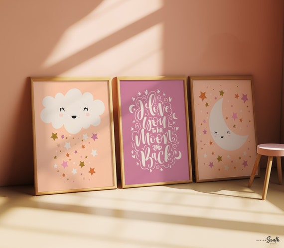 I love you to the moon and back quote, girl nursery peach cloud moon and stars, girl room art prints peach and pink, nursery prints set of 3