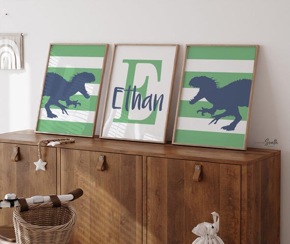 Boys dinosaur bedroom wall art, dinosaur decor for boys, dinosaur themed room, dinosaur prints, blue navy and green dinosaur prints for boys