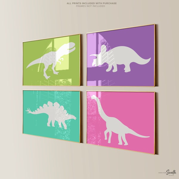 Pink purple teal turquoise lime green dinosaur collection, art prints for girls bright colorful dinosaurs, girly modern bright dinosaur art