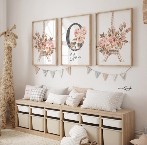 Paris girl baby name eiffel tower decor set, blush mauve pale pink flower nursery, paris themed girl's bedroom, paris shower baby gift idea