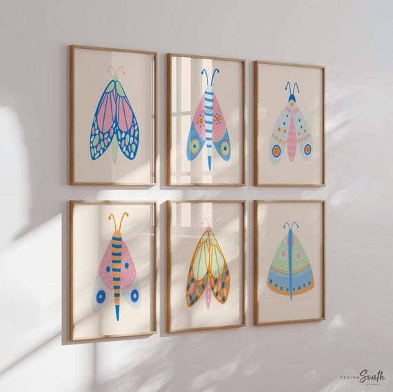 Butterfly wall art set of 6, colorful butterfly nursery prints, girls bedroom decor, whimsical pastel wall art for baby or toddler room