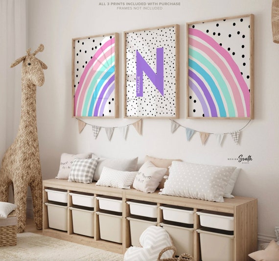 Rainbow nursery monogram art print, baby girl monogram nursery wall art, custom nursery wall art, rainbow monogram letter, polka dots kids
