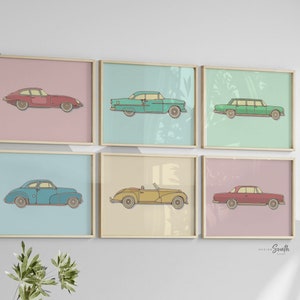 Classic car decor, retro car poster print set of 6, vintage car nursery, retro car decor, vintage car poster set, old car kids decor vintage