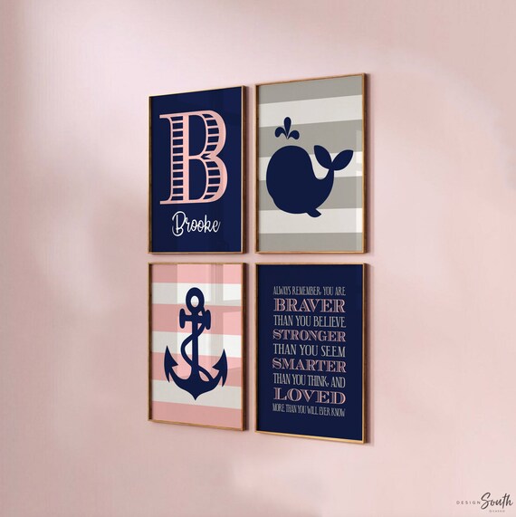 Nautical girl bedroom decor, pink navy blue anchor splashing whale, girls monogram name art, pink nautical themed wall art for girls room