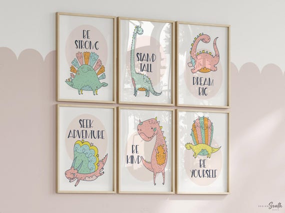 Girls pastel dinosaur art, girly dinosaur theme, girl dinosaurs modern inspirational, colorful dinosaur wall print set, pink dinosaur wall