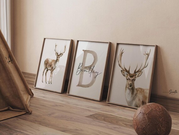 Personalized Watercolor Deer Nursery Art: Rustic Boys Room Decor Set