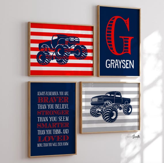 Monster truck boys bedroom decor, personalized name for boys room, big truck wall art prints, boys truck decor, toddler truck bedroom decor