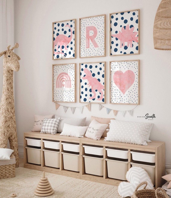Pink dinosaur polka dots, pink and navy blue toddler girl room collection dinosaur themed, dinosaurs with hearts rainbows speckles modern