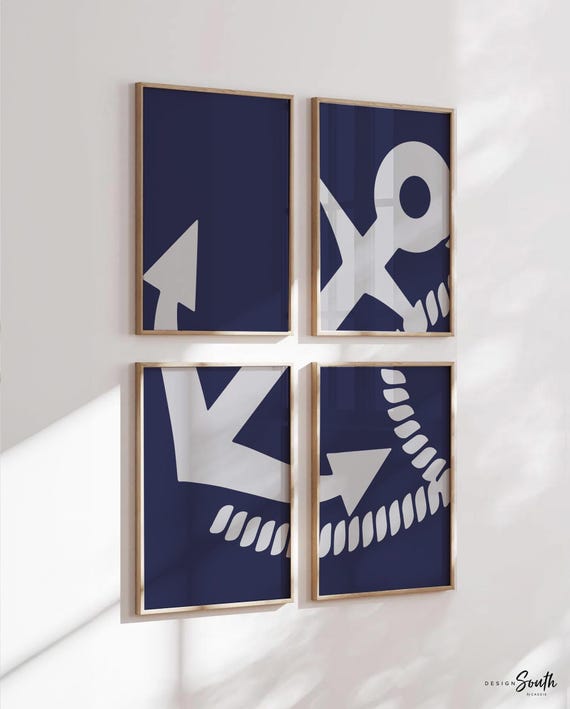 Nautical kids bedroom wall art, print set of 4 navy blue anchor, nautical anchor art for nursery, navy blue and gray nautical room anchor