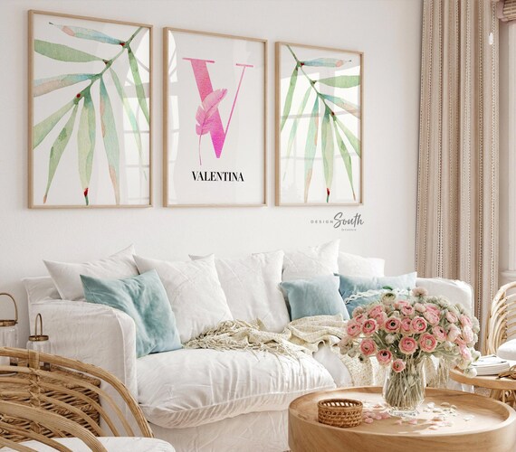 Tropical Nursery Decor: Personalized Initial, Watercolor Palm Leaf Art