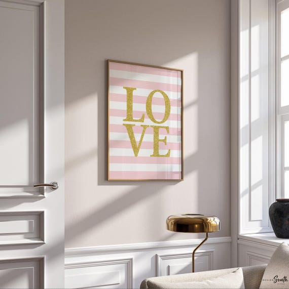 Love print, gold and pink love print, girls nursery decor, pink and gold, girls love nursery, girls nursery art, stripes, bathroom print