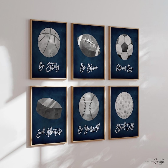 Navy blue and gray sports kids room, boys sports nursery wall art poster prints, gift for boy birthday party sports theme, navy gray bedroom