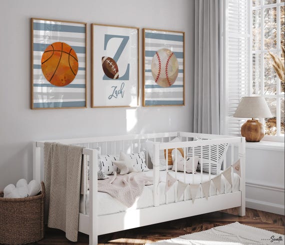Personalized Sports Nursery Art Prints: Gray Stripes, Baseball, Basketball, Football