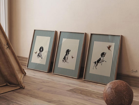 English Springer Spaniel Puppy Art Prints, Pheasant Hunting Dog Decor, Set of 3