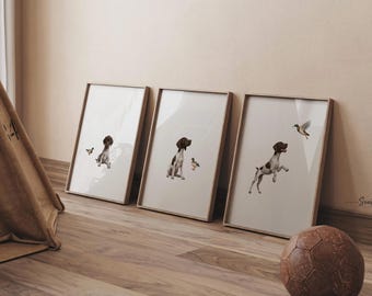 German Shorthaired Pointer Nursery Wall Art Set of 3, GSP Puppy Print with Mallard Ducks, Bird Dog Hunting Decor, Kids Bedroom, Gun Dog Gift