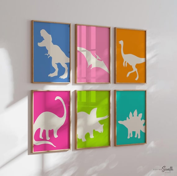 Colorful dinosaur art, bright colored dinosaurs, toddler dinosaur art, dinosaur children bedroom wall art prints, gallery wall dinosaur art