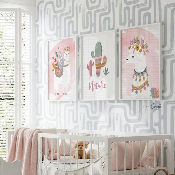 Llama Nursery Decor: Mauve Pink Cactus Print Set