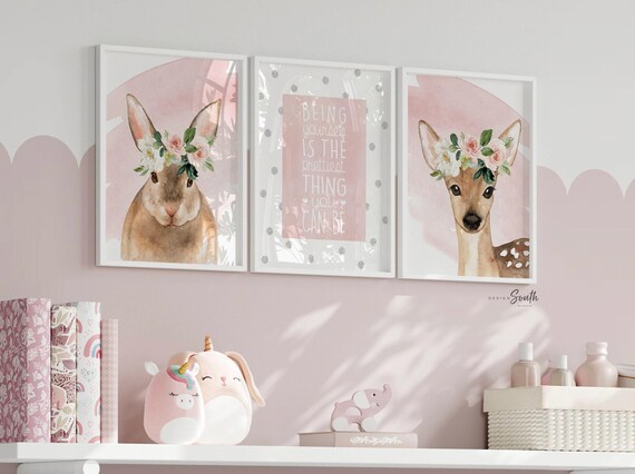 Pink forest animal nursery art, baby girl bunny deer nursery, pink animal wall prints, little girl bedroom animal art, being yourself quote