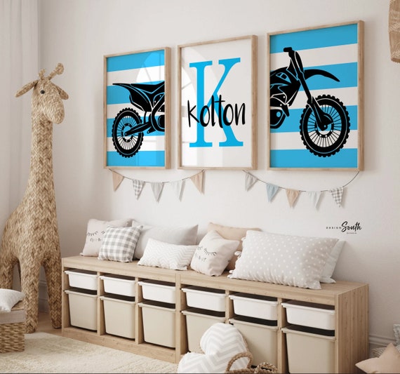 Motocross home decor children, dirt bike toddler art prints, motocross themed room ideas, personalized kid's name, blue black sport bike art