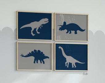 Dinosaur Nursery Art Prints: Navy & Gray, Set of 4