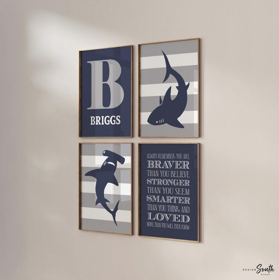 Boys navy blue and gray shark room decor, boys wall art, big boy bedroom, boys shark bedroom personalized name, shark nursery, shark decor