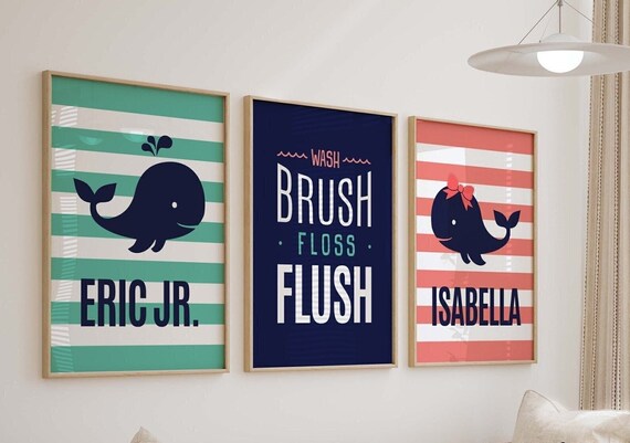 Whale bathroom decor, boys whale bathroom, girls whale bathroom, boy/girl bathroom, wash brush flush floss, whale bathroom wall art, whales