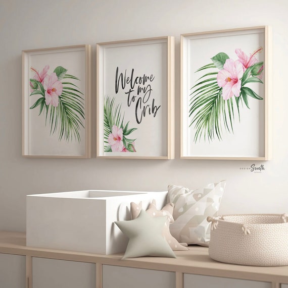 Welcome to my crib sign tropical hibiscus flower, modern art print set floral nursery, newborn girl tropical decor above crib art idea palms