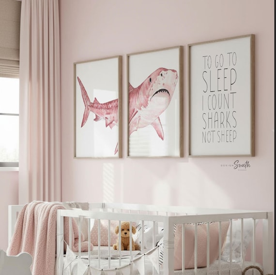 Pink Shark Wall Art Set of 3 for Girl Nursery, Watercolor Shark Prints, Toddler Bedroom Decor Gift for Shark Lover Girl