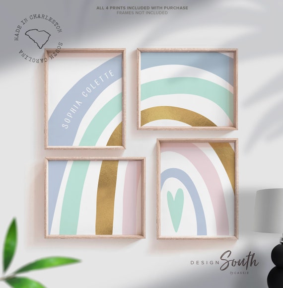 Blue aqua and gold nursery bedroom baby room decor, nursery girl's name art prints, wall art rainbow themed blue gold, personalized nursery