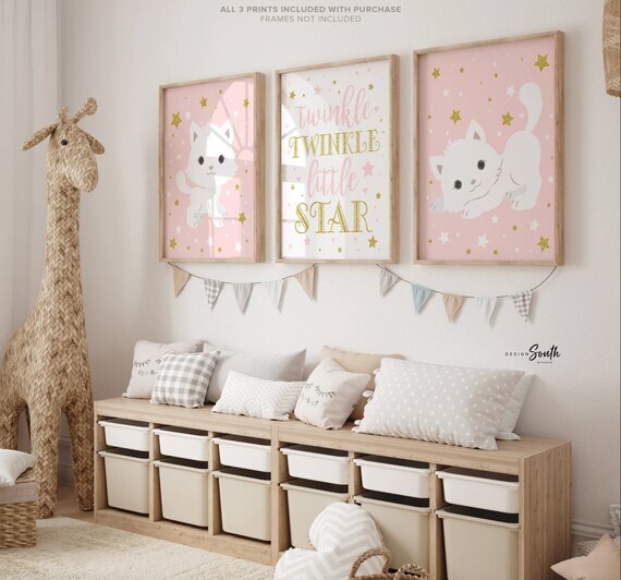 Cat themed, kitten art print set of 3, animal nursery pink gold, baby girl cute cat wall art, cat lover, kitten nursery, sweet kitty nursery