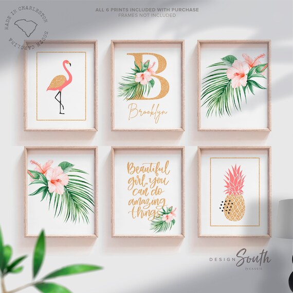 Coral gold baby room art, little girl tropical gold sparkle room, coral blush tropical girl room art, toddler bedroom personalized name girl