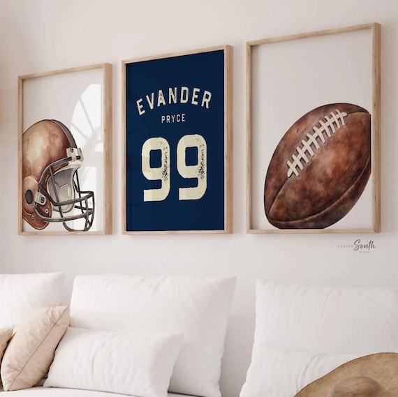 Personalized Navy Football Prints: Boys Sports Nursery Decor Set of 3