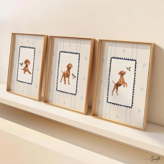 Vizsla Puppy Print Set: Navy Blue Nursery Wall Art