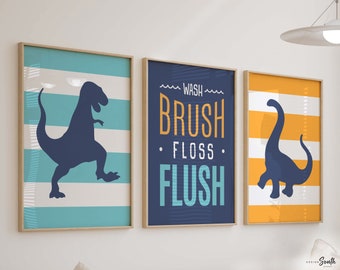 Dinosaur Bathroom Art Prints: Blue & Orange Boys Room Decor