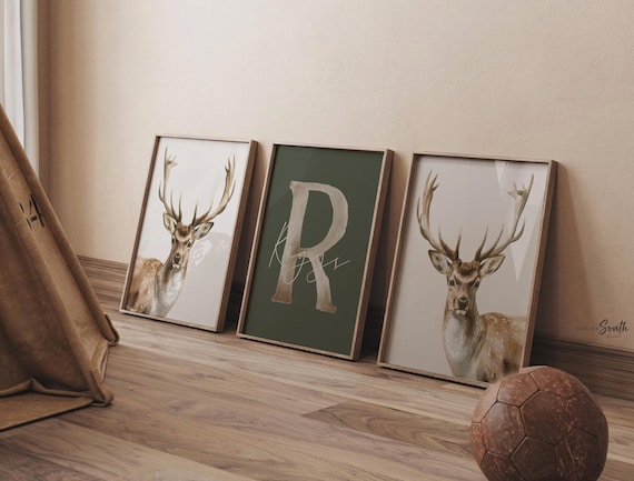 Hunter Green Deer Nursery Prints: Personalized Watercolor Buck Wall Art Set