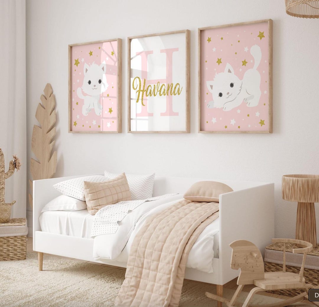 Kitten Nursery Wall Art: Pink Cat Prints, Custom Baby Name - Etsy