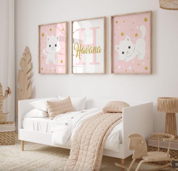 Nursery cat wall art, baby girl room animal, kitten nursery, cat lover room pink, kitten cute cat nursery wall, cat themed, custom baby name